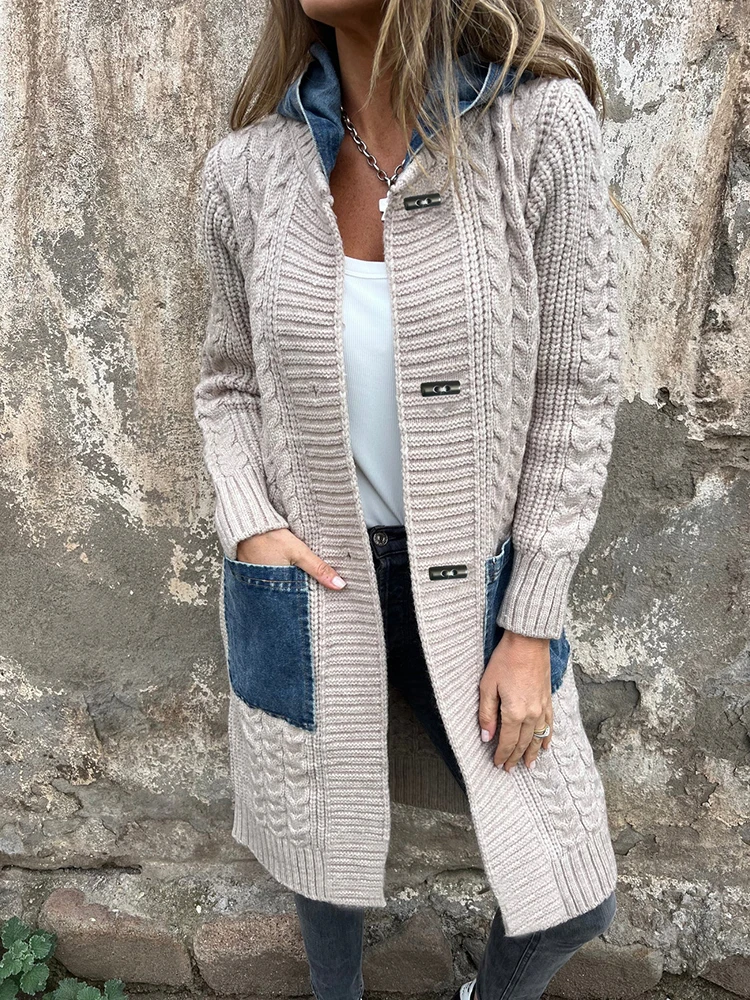 Outono inverno sólido retalhos chiques suéteres, feminino casual manga longa simples topos, com capuz todos os jogos senhoras cardigan streetwear