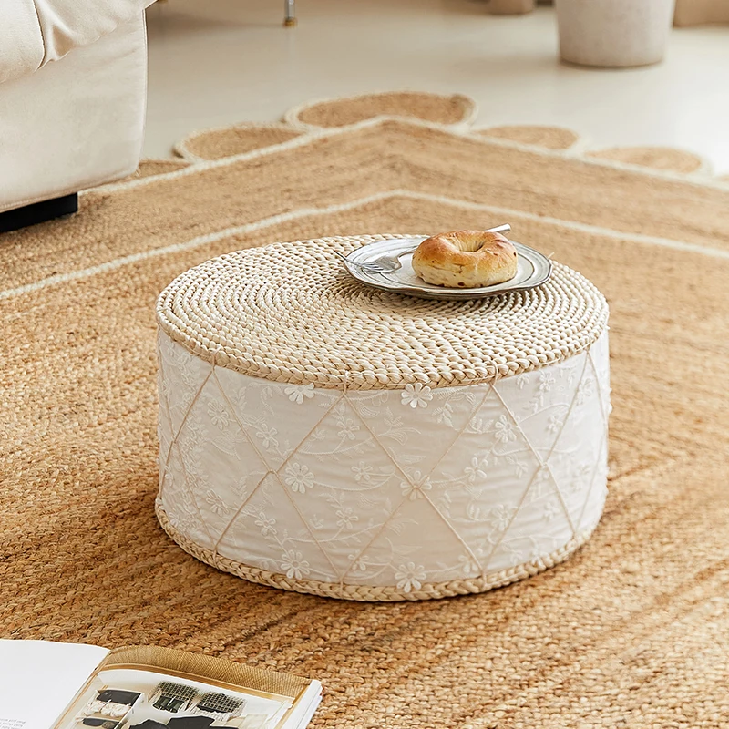 Pouff Lounge Stool Rattan Furniture Round Mini Stool Living Room Pouf Salon Japanese StyleMultifunction Home Balcony Furniture