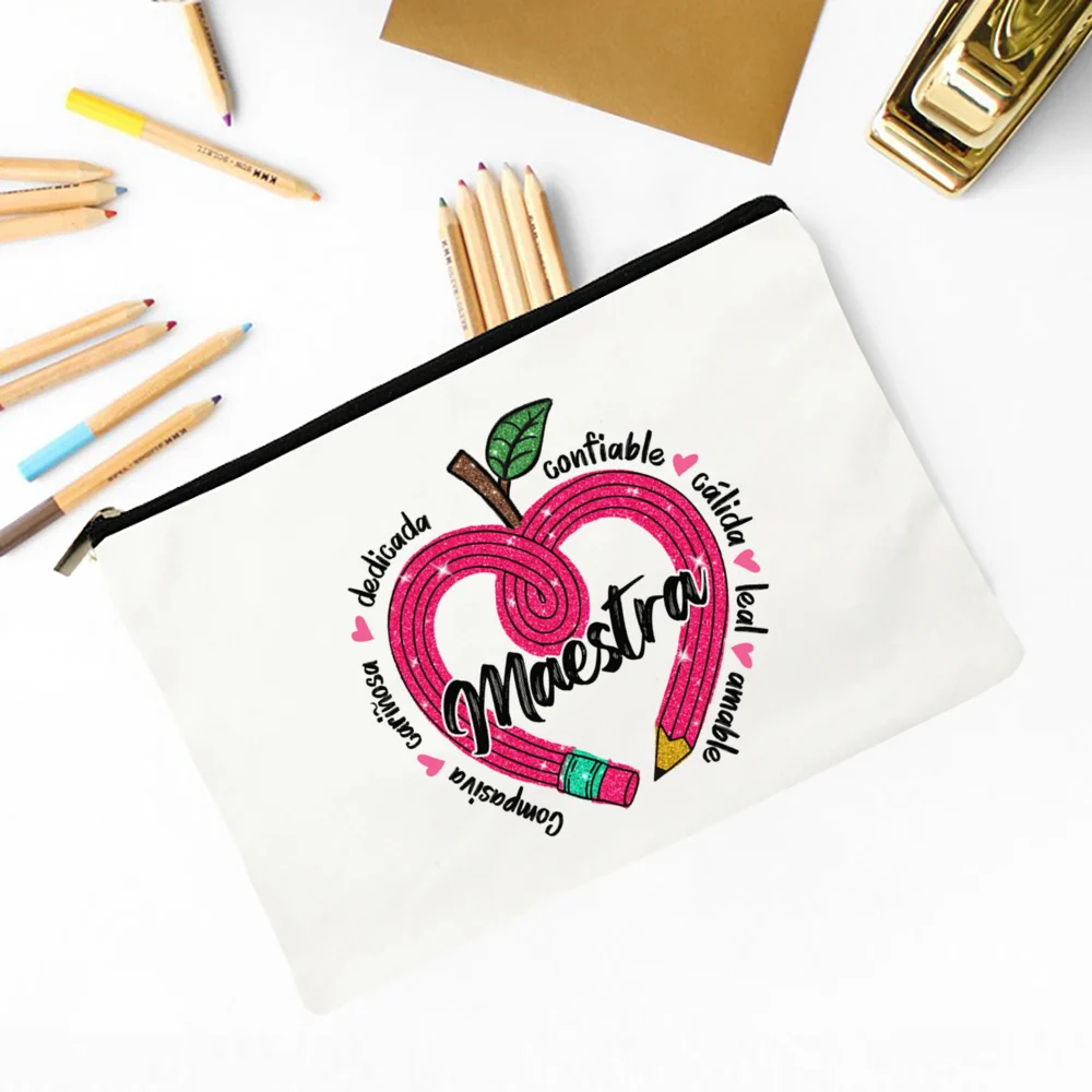 Maestra Spanish Heart print Makeup Bag Travel Neceser Travel Toiletry Organizer case Pencil Bags back to school Gift for teacher