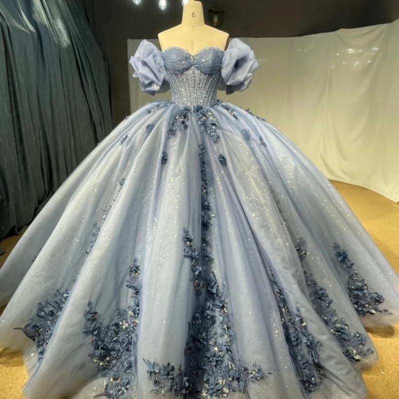 Bleu marine clair paillettes Quinceanera robes hors de l'épaule Applique fleur perles cristal tulle princesse luxe doux 16 robe