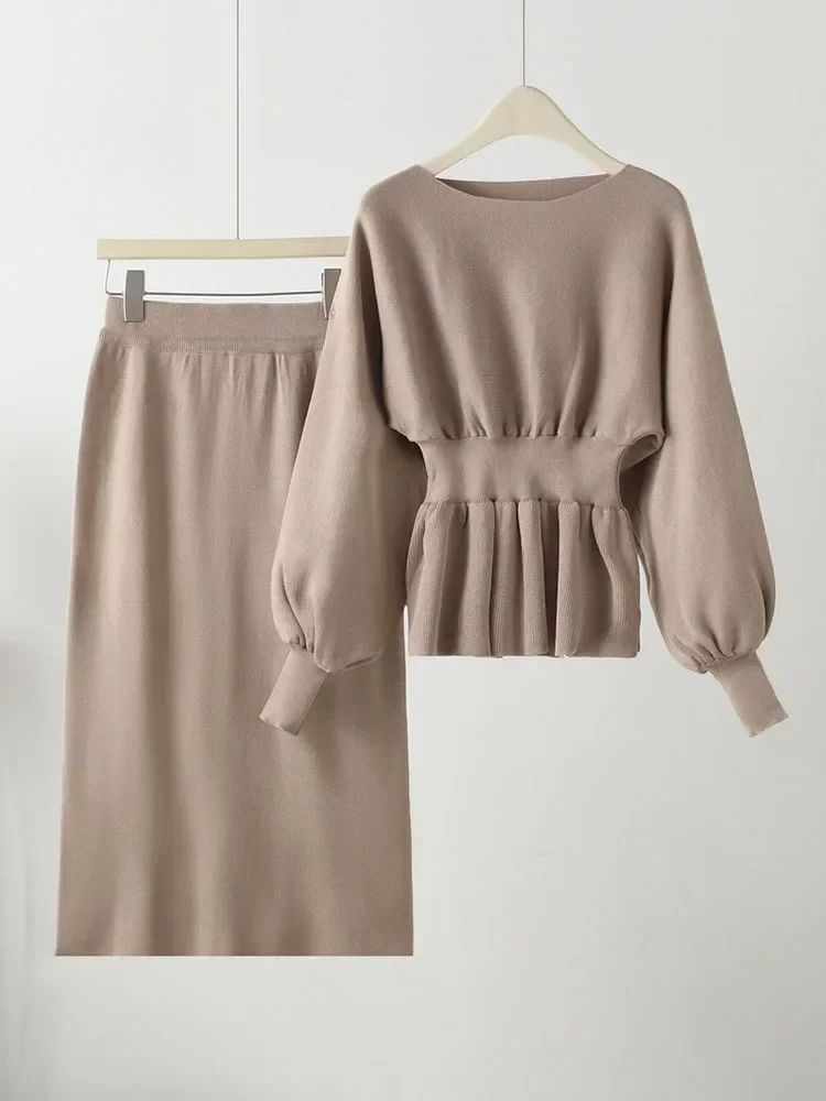 

Women Elegant Knit 2 Piece Sets Korean Knitwear Lantern Sleeve Pullover Tops Conjuntos Spring Fall Chic Casual Skirt Outfit L298