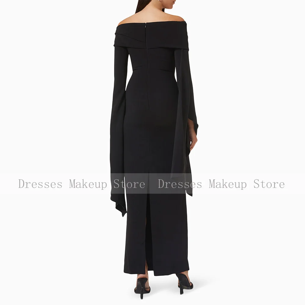 Black Wedding Guest Gowns for Women Off the Shoulder Column Formal Party Dresses Maxi Long Sleeves Elegant Evening Dress 2024