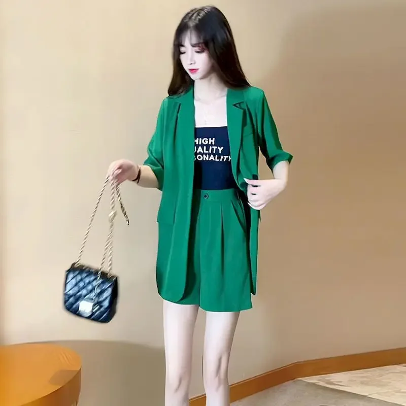 

Fashion Small Blazer Set Women Thin Korean Style Spring Summer Casual Short-sleeved Suit Jacket And Shorts Two Piece Sets 2024