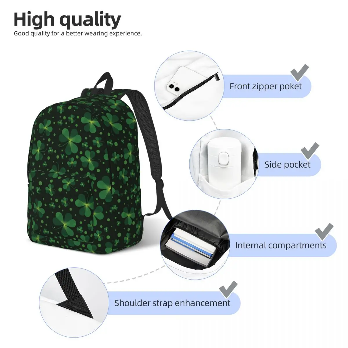 Shamrock Leaf Green Backpack Middle High College School Student Bookbag Teens Daypack Durable