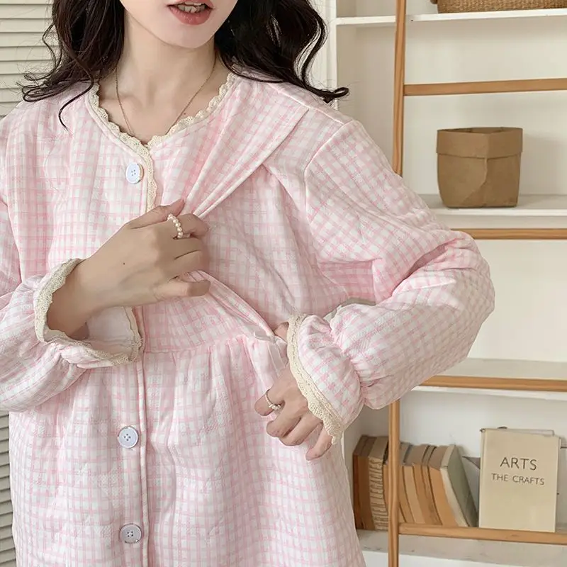 2024 Air Cotton with Chest Pad Month Dress Spring Autumn Postpartum Winter Maternity Pajamas Women Nursing Nursing Home Wear