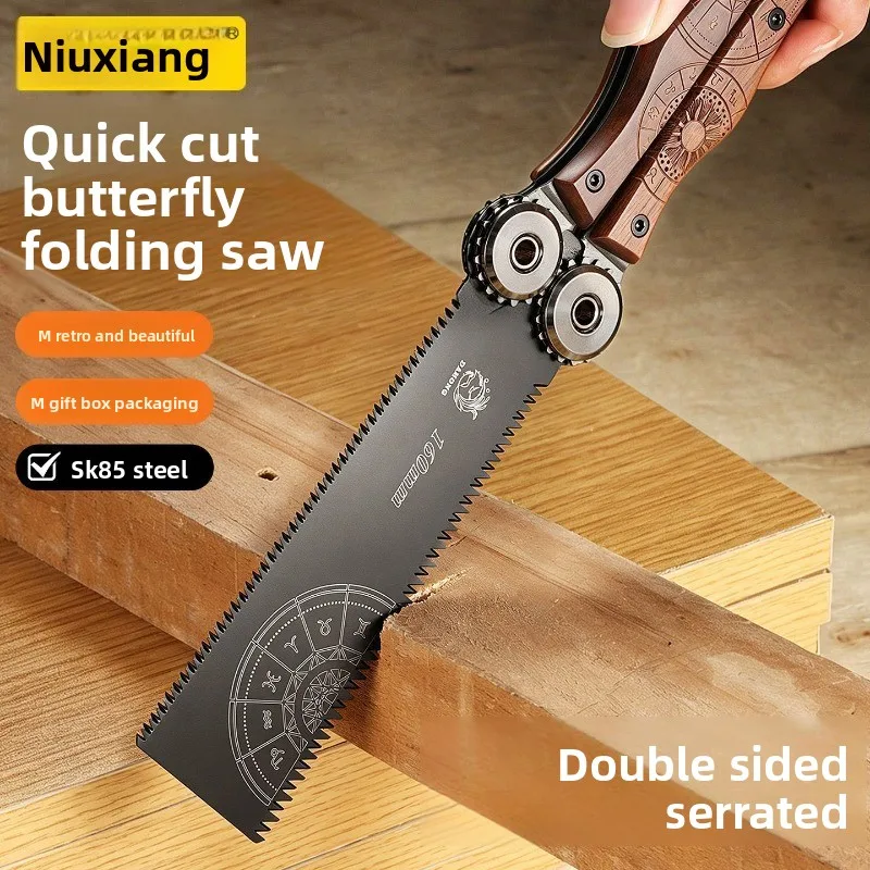 Woodworking handmade folding double-sided saw, small and portable for home use, walnut handle, natural and comfortable grip