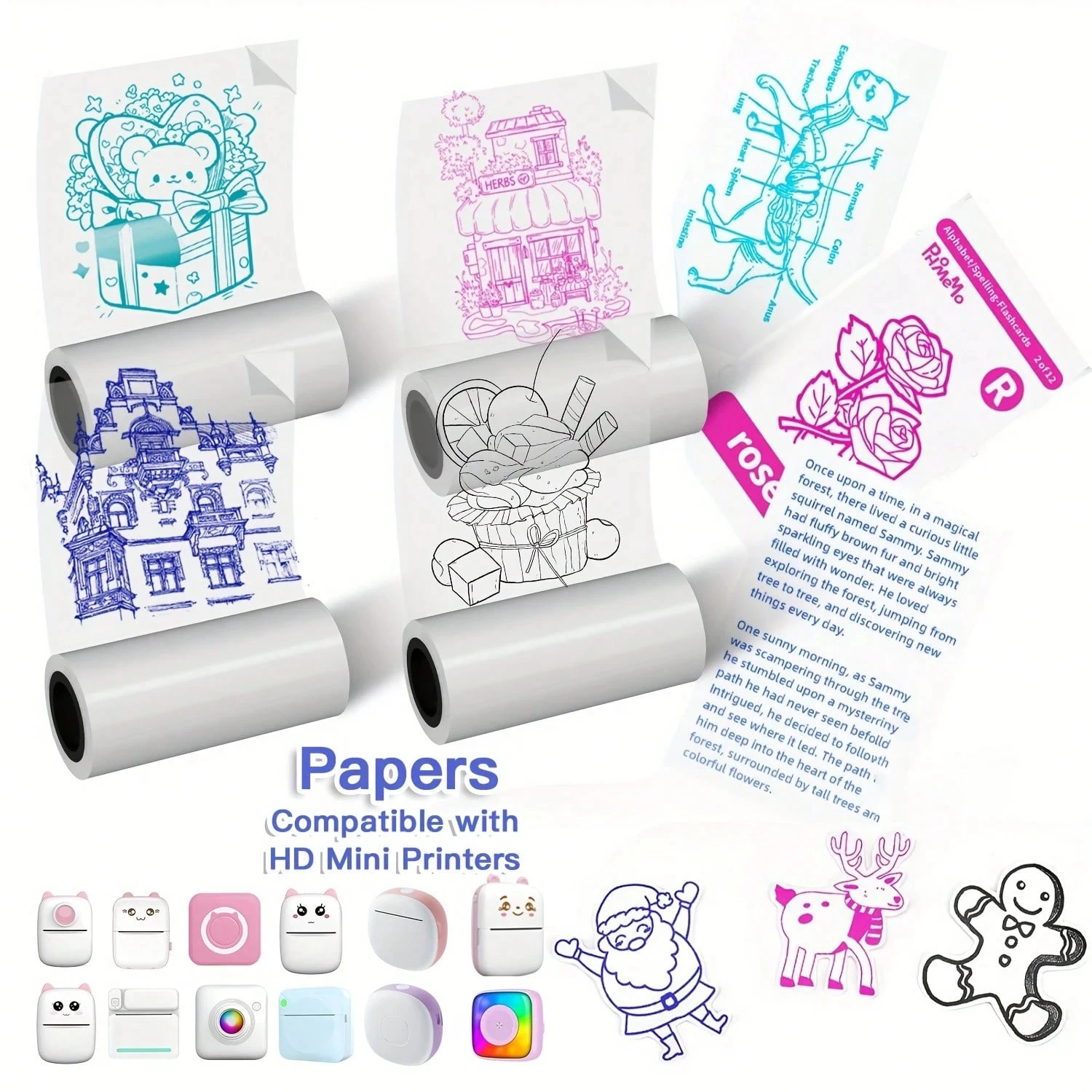 4 Rollen 57 mm farbiges transparentes Thermopapier, selbstklebende Aufkleber für Mini-Drucker, Küche, Schule, Büro, Organisation, Fenster