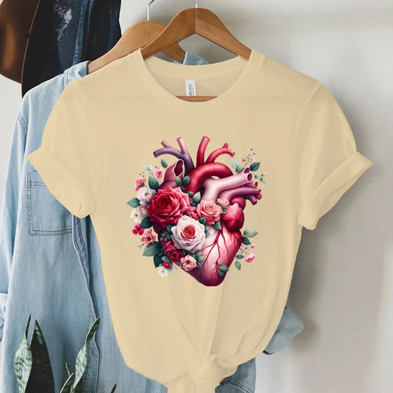 Watercolor Heart Floral T-shirt Women Funny Anatomical Graphic Tee Shirt Top Aesthetic Vintage Women Cardiology Nursing Tshirts