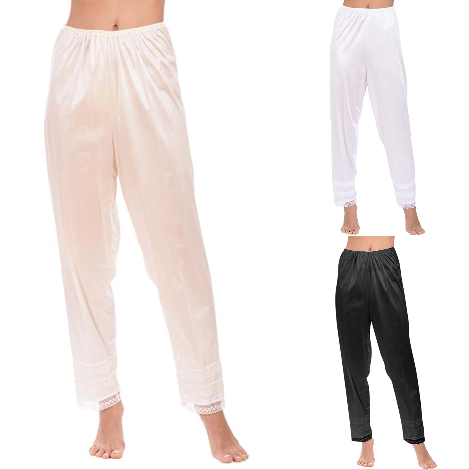 Female Pyjama Trousers Solid Color Lace Trim High Elastic Waist Long Pants Nightwear for Women Sleep Bottoms Sleeppant Sleepwear