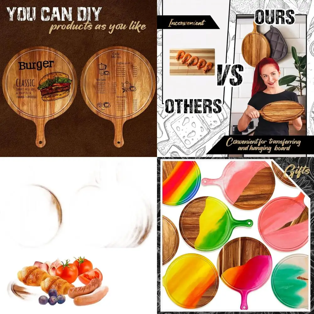 

Set of 10 Acacia Wood Round Cutting Boards, 15.4 x 11.4 with Handle, Ideal for Kitchen, Serving, and Preparing Pizza, Bread, Che