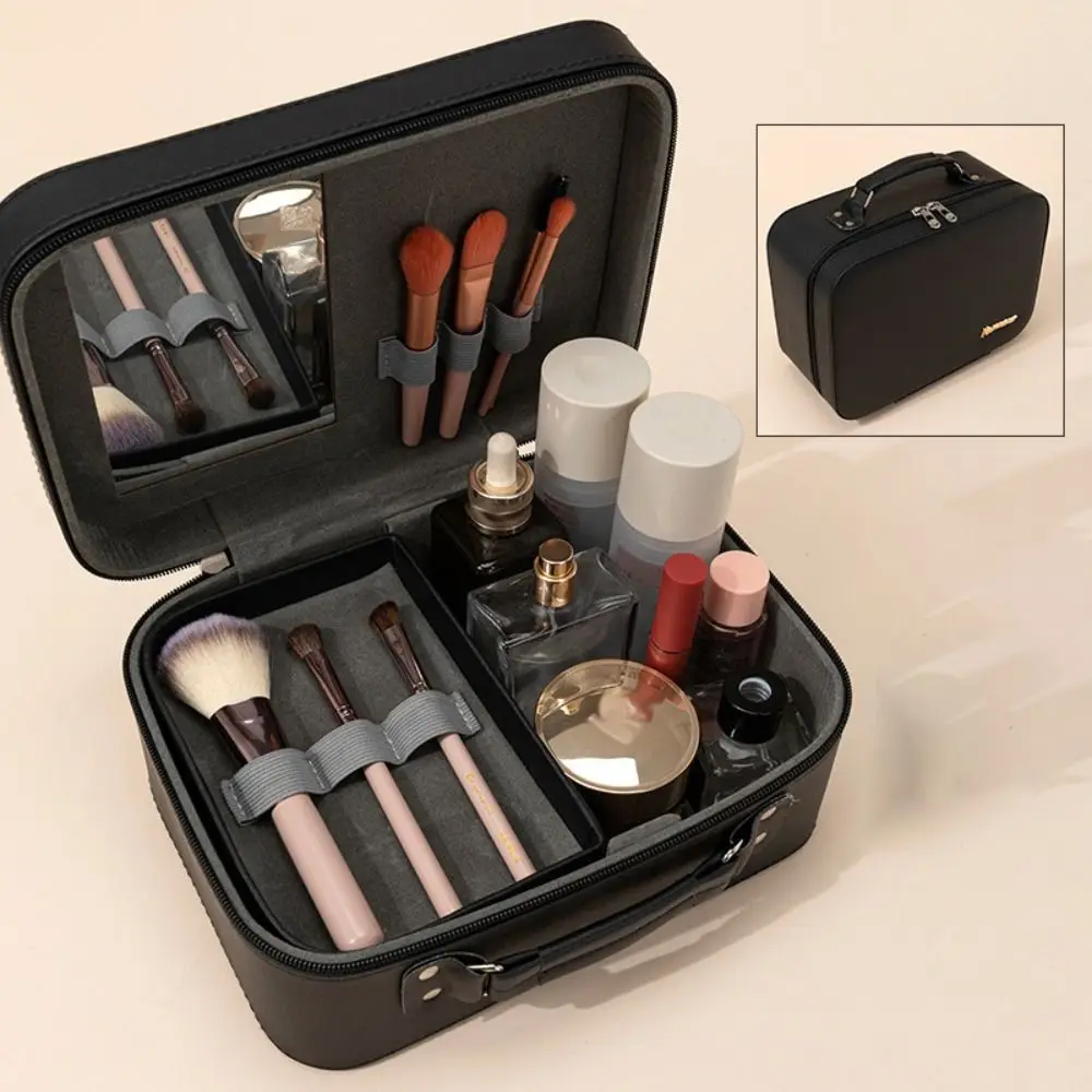 Makeup Case with Mirror Large Capacity PU Cosmetic Box Portable Storage Organizer Solid Color Cosmetic Pouch Toiletry Bag