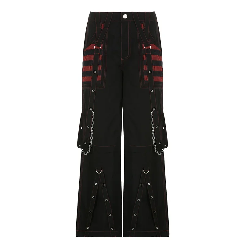 Pantalones góticos de pierna ancha para mujer, ropa de calle de estilo e-girl, Punk, vendaje de cadena, pantalones holgados de los años 90, gran tamaño, tiro bajo, Y2k