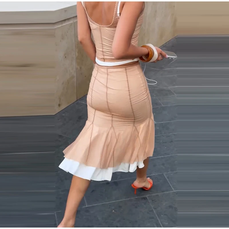 Doppellagige Mesh-Cropped-Tops und Rock-Sets für Damen, sexy Spaghetti-Träger, ärmelloses, figurbetontes Oberteil, enganliegender Midirock, schicke Damenanzüge – Detail 3