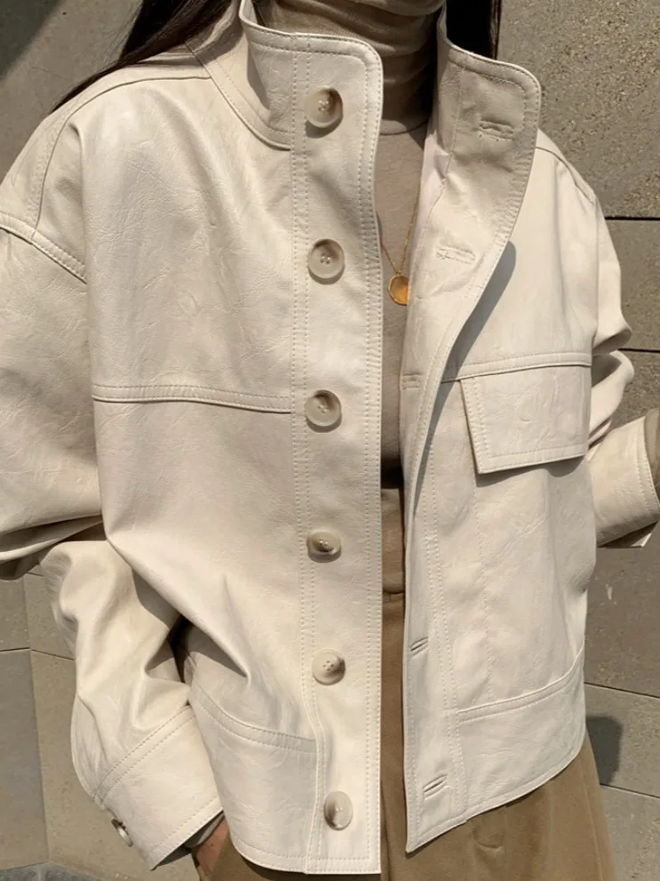 

Ретро Гонконг Sle Мотоциклетная верхняя одежда Женская куртка из искусственной кожи с воротником-стойкой Высококачественный модный топ