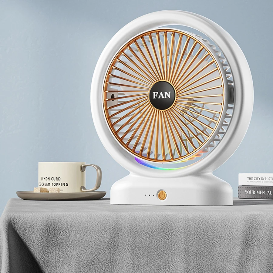 USB Plug-in Desktop Circulating Fan with One Level Wind Power Rainbow Scrolling Light Design