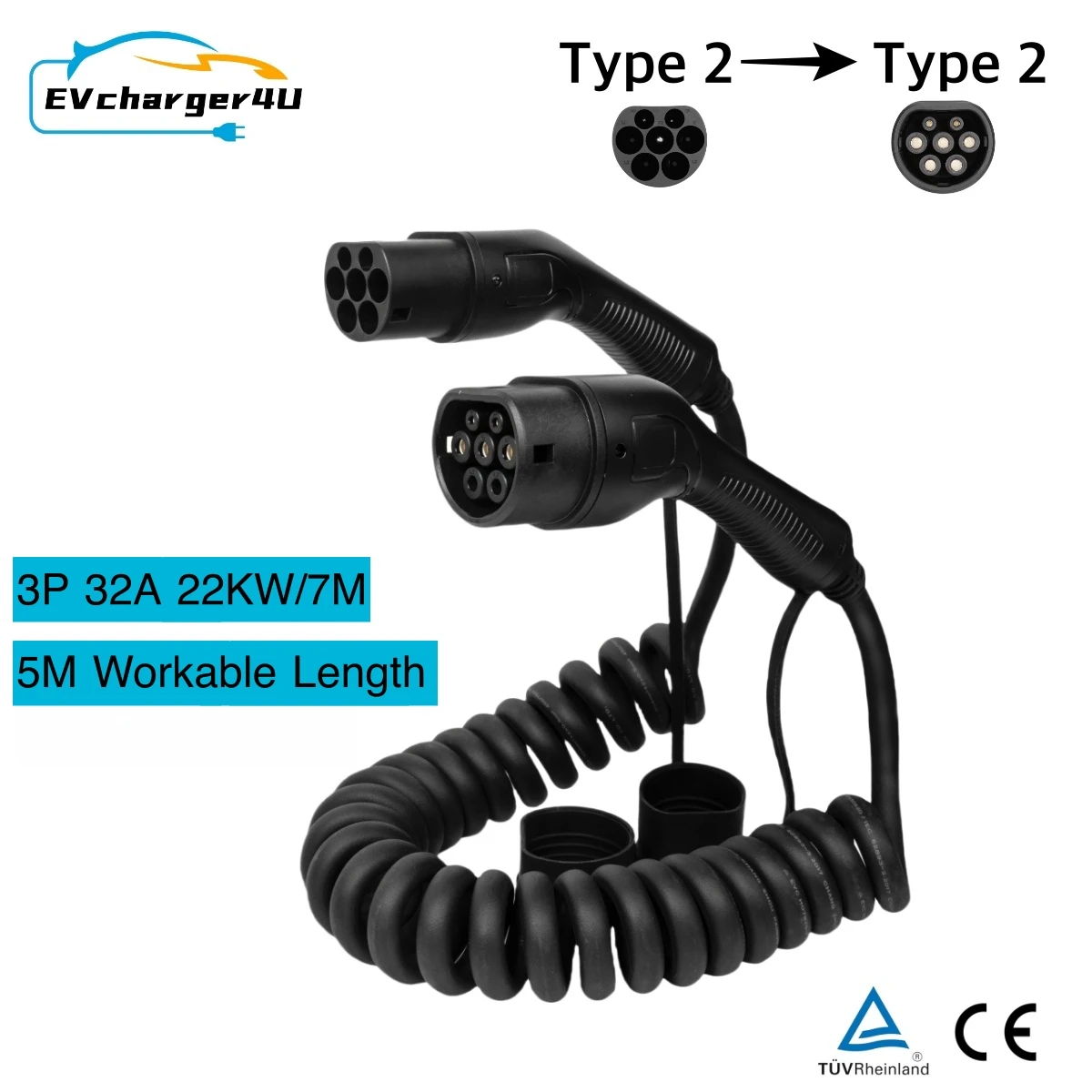 EVcharger4U Type 2 EV-oplaadspiraalkabel 1 fase 32A 7KW 7M, 3 fase 22KW 5M modus 3 opgerold opladersnoer voor elektrische auto CE TUV