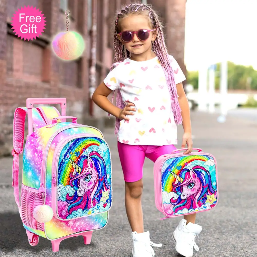 3PCS Rolling Backpack for Girls Kids Roller Wheels Bookbag with Lunch Bag Rainbow Unicorn Pattern Design Glow-in-the-dark Functi