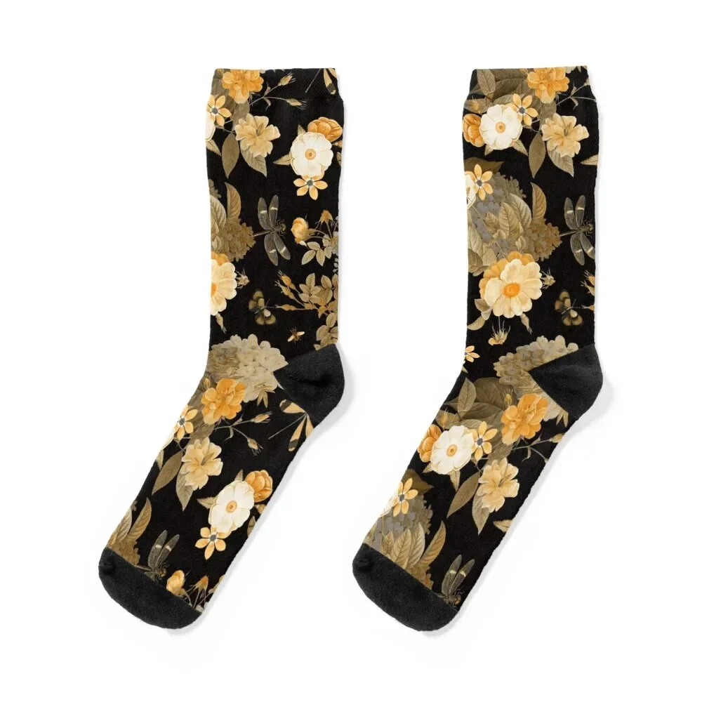 

UtART - Vintage Roses Spring Flower And Early Insects Pattern - Sepia Black And Gold Socks cotton hockey Men's Socks Women's