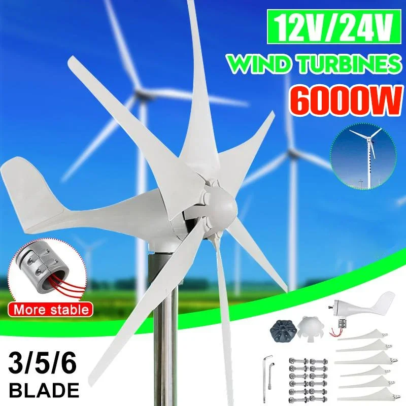 6000W 12V/24V 3/5/6 Blades Wind Turbines Generator Home Windmill No Flange Seat More Easy Install