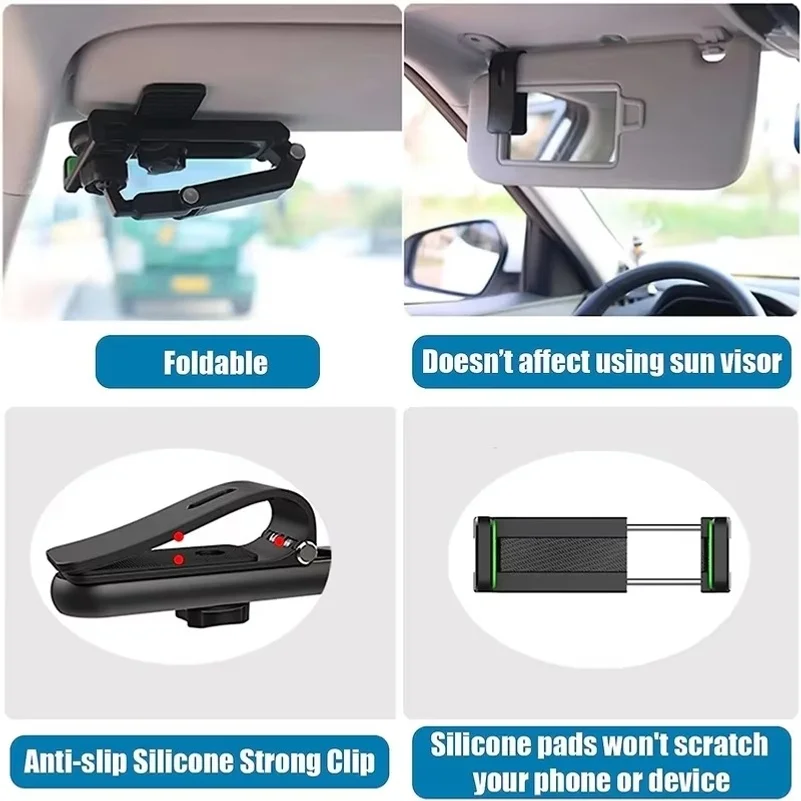 Multifunctional Car Sun Visor Phone Holder 360° Rotating Universal Cell Phone Support for iPhone Samsung Android