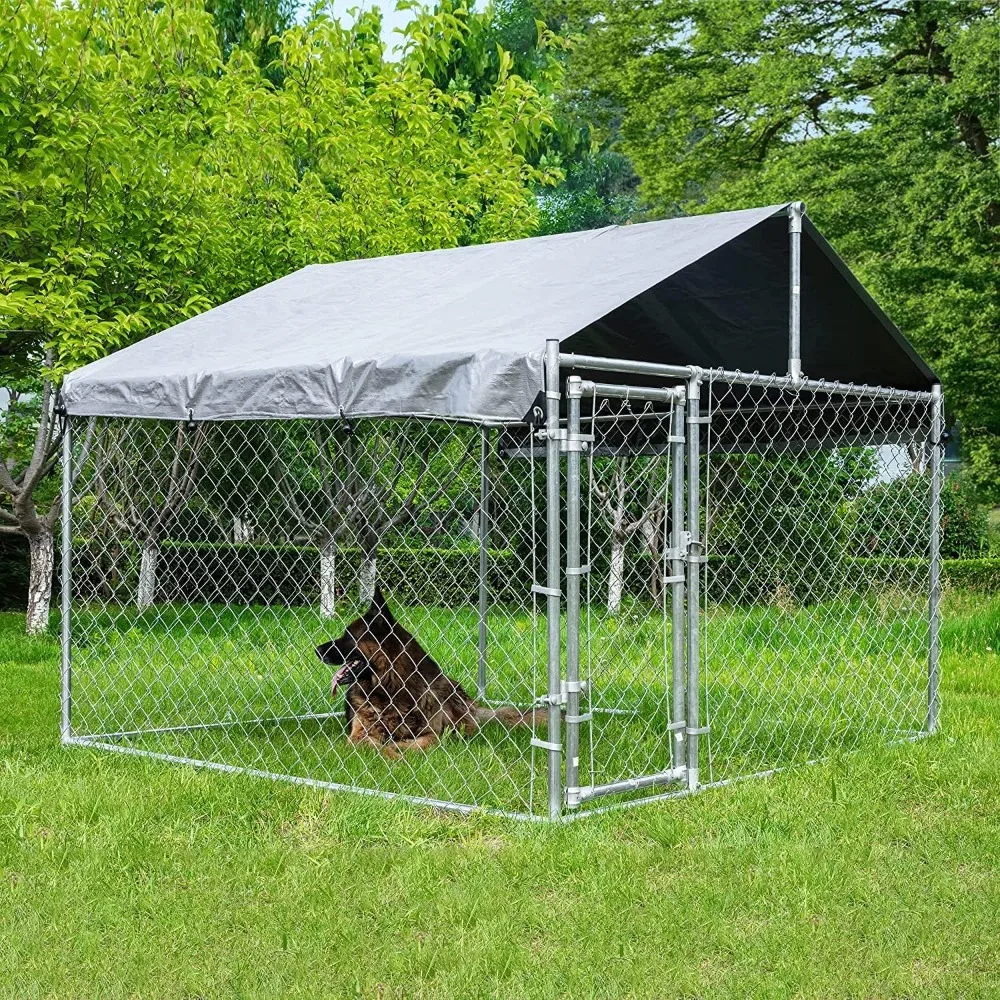 Extra Large Outdoor Dog Kennel, Galvanized Chain Link Dog Runs for Outside with Waterproof UV-Resistant Cover and Secure Lock