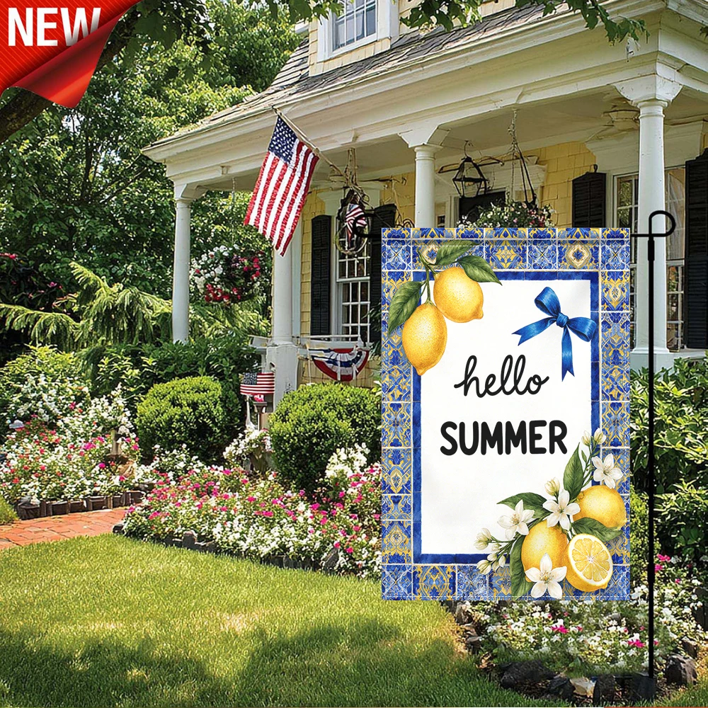 

1PC, Hello Summer Lemon Garden Flag Mediterranean Style Blue Tile Print Outdoor Decorative Flag Double Sided Weather Resistant Yard Flag for Patio Lawn Porch Farmhouse Seasonal Summer Holiday Outdoor Decoration Banner