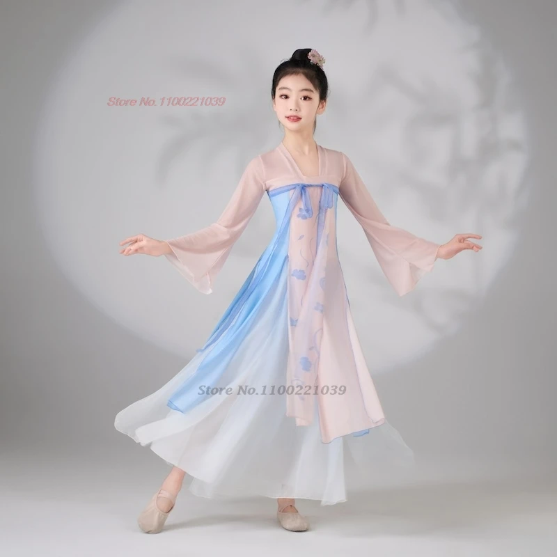 2025 traditionele chinese kinderen danskostuum vintage bloemenprint mesh hanfu tops + broek set toneelvoorstelling folk jurk