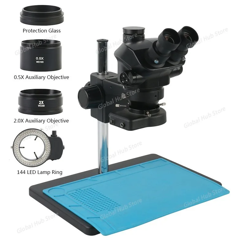7X -50X Continuous Zoom Trinocular Stereo Microscope Head Sets with Eyepiece 0.5X 2X Objective Lens for PCB Board Soldering