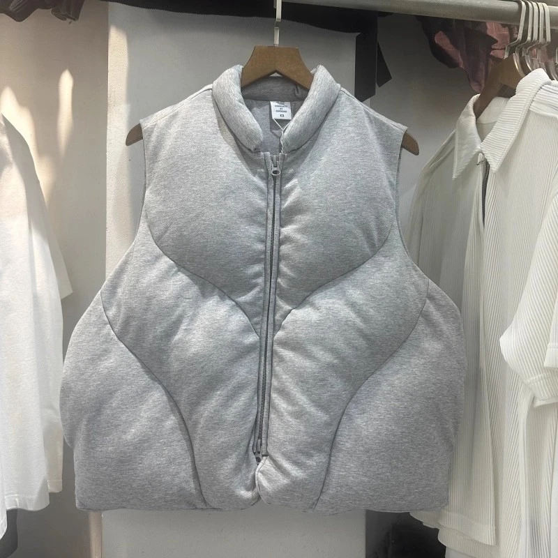 

American Streetwear Brand Cotton-padded Jacket New Winter Solid Color Loose Stand-up Collar Vest Jackets Sleeveless Outerwear
