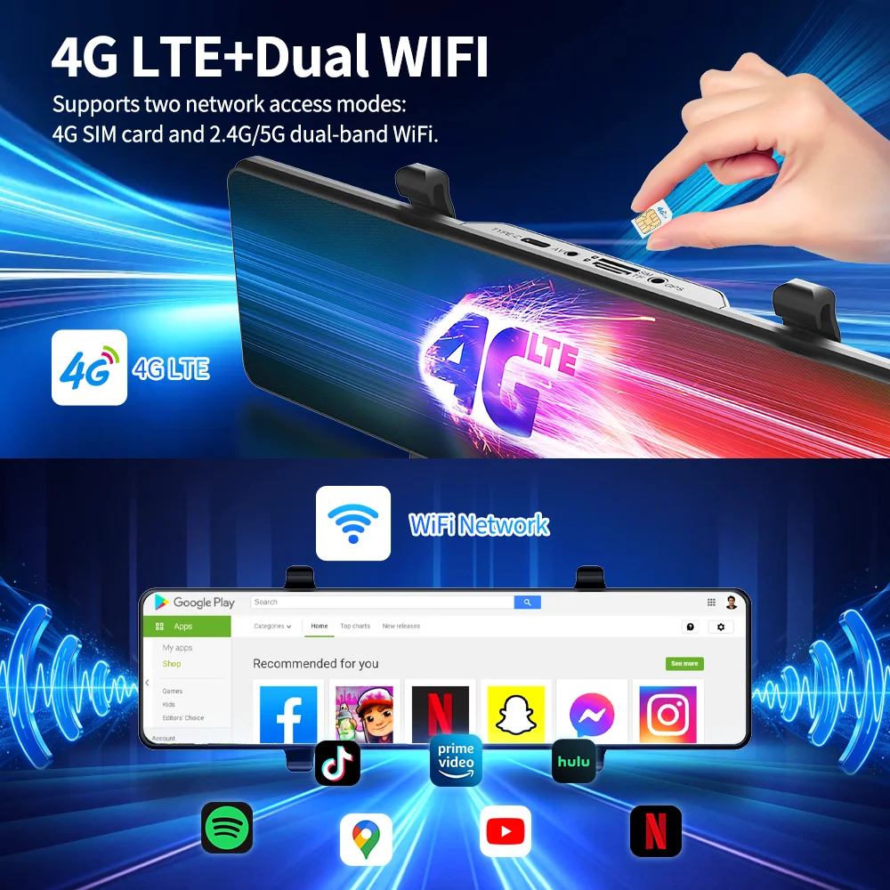 Imagebon 11.26'' M11 4G LTE Review Mirror Camera Android 14 Wireless CarPlay & Android Auto Youtube Parking Guard GPS DashCam