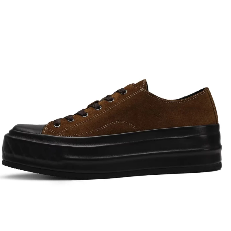 Square Toe Board Shoes Men's Horsehide Handmade Sewing Casual White Shoes Genuine Leather Comfortable Breathable Platform Shoes