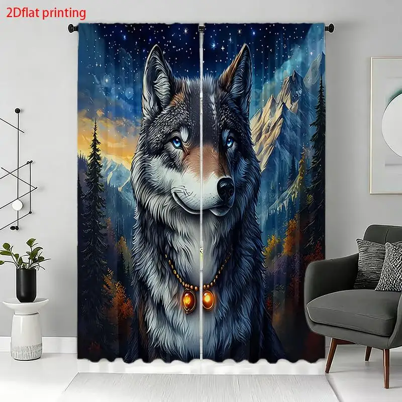 Blue Wolf Starry Night Curtain, Mystical Animal Window Drape, Forest Galaxy Blackout Panel, Native Style Living Room Decor