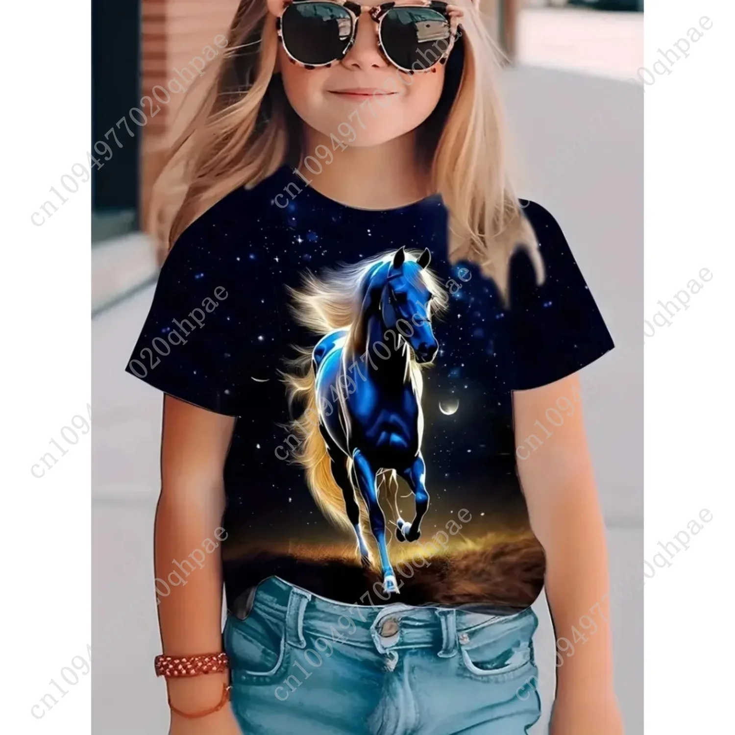 ملابس الأطفال فتاة لطيف ومضحك الحيوان الحصان 3D طباعة الجرافيك تي شيرت نمط مريح طاقم الرقبة تي شيرت كامل للفتيات #6
