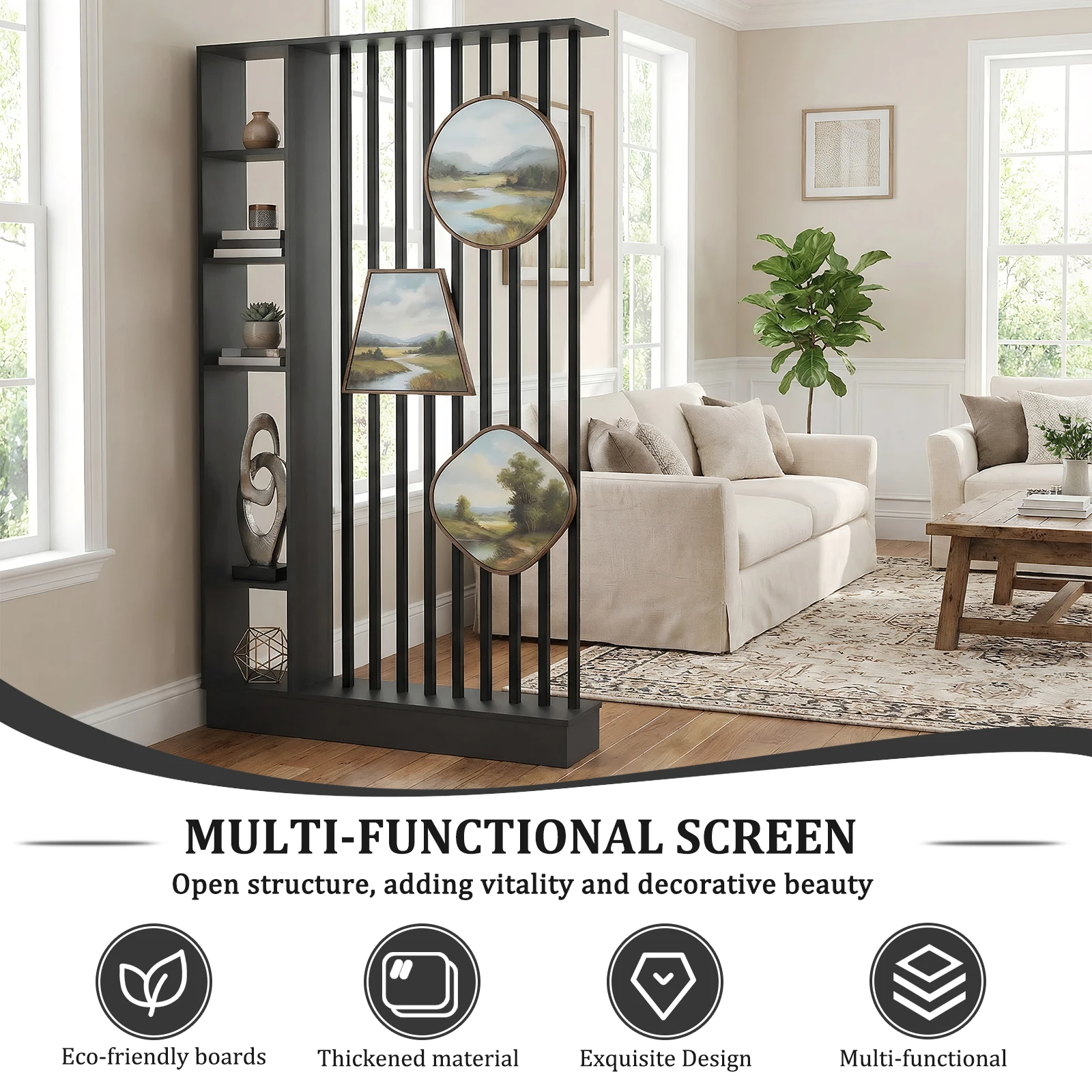 

Wooden Slats Separation Entrance Decor with Storage Shelves Open Room Wood Partition for Bedroom Home Office Teahouse Decoration