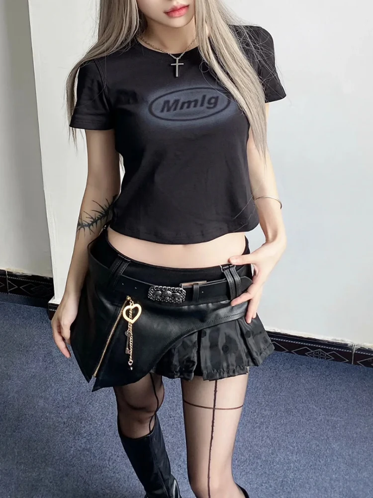 

Юбка в стиле Y2K: пикантная, с низкой талией, из искусственной кожи, женская, летняя, с асимметричным дизайном, плиссированная, короткая