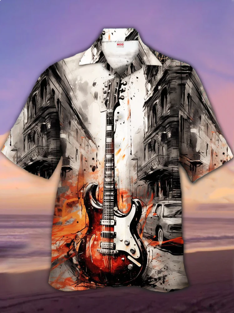 

Eye-Catching Fire Electric Guitar Music Elements And Street Scenes3D Printing Short Sleeve Shirts For Men Fashion Hawaiian Shirt