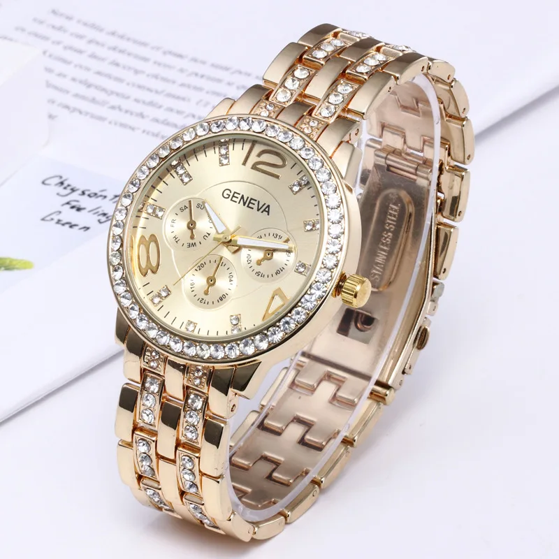 Luxus Weiblichen Uhr Genf Frauen Goldene Stahl Quarzuhr Military Kristall Casual Handgelenk Uhren Strass Relogio Feminino