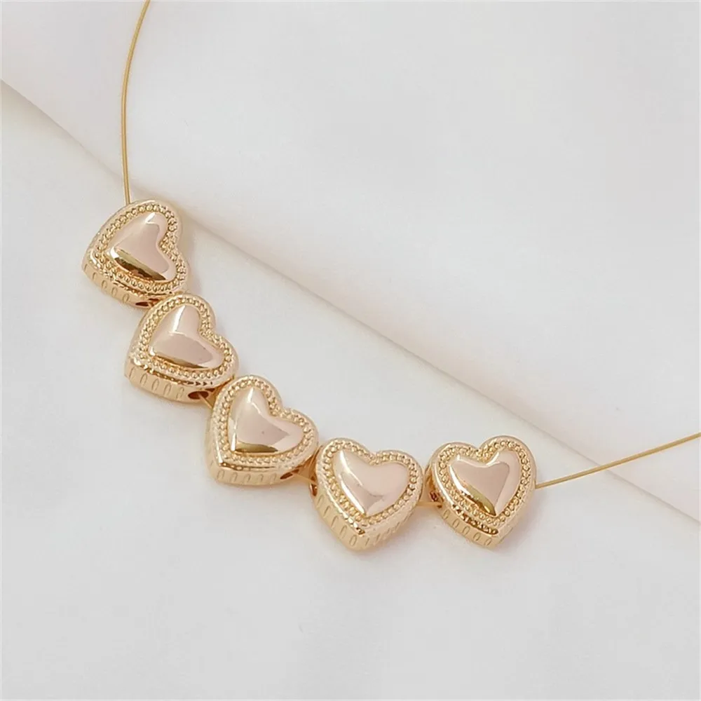 14K Gold-plated Solid Horizontal Hole Heart-shaped Beaded Handcrafted DIY Bracelet Necklace, Heart-shaped Beaded Jewelry