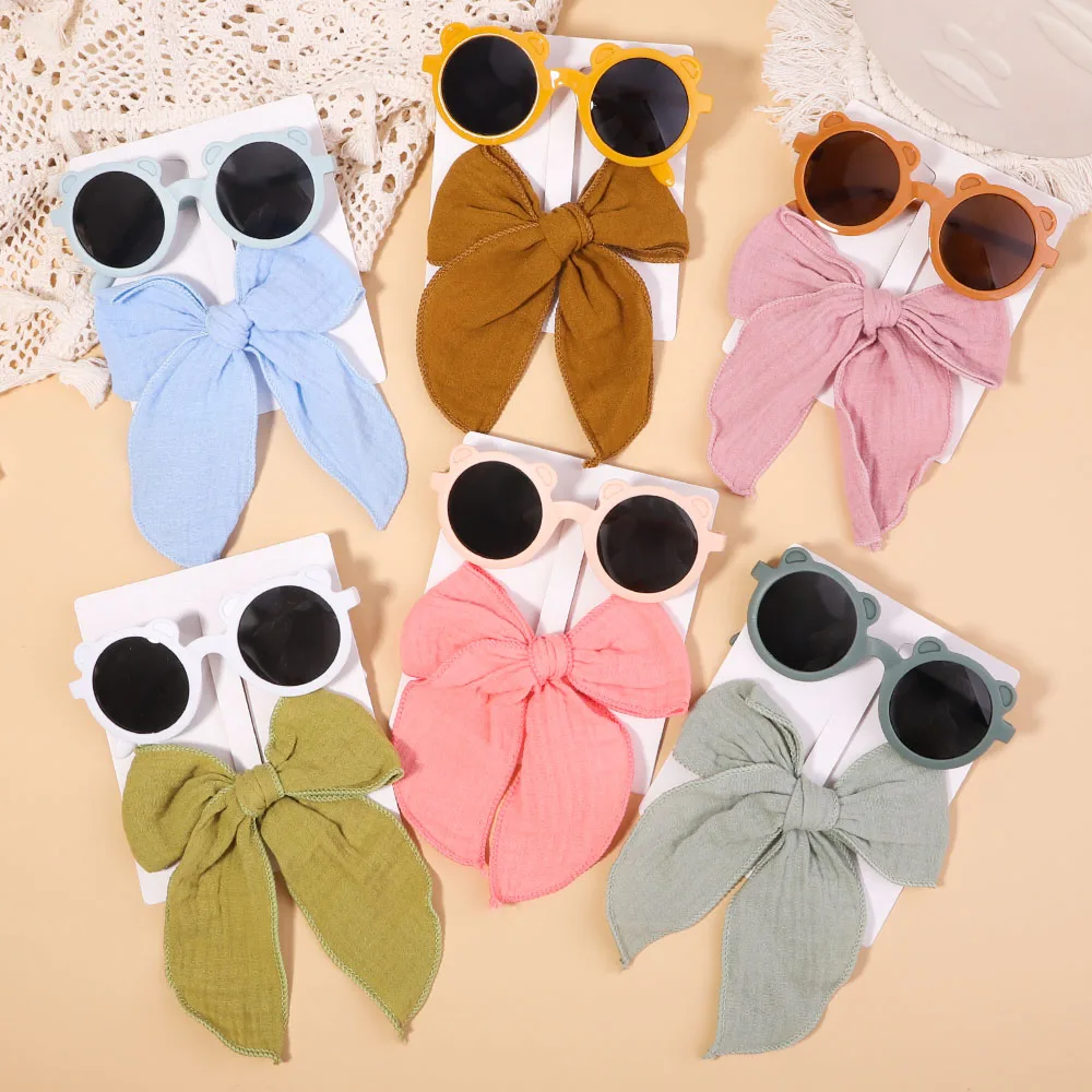 

2Pcs/Set Solid Color Cotton Bows Hair Clips For Kids Girls Cute Bearhead Sunglasses Cool Kids Fashion Headwear Hair Accessories