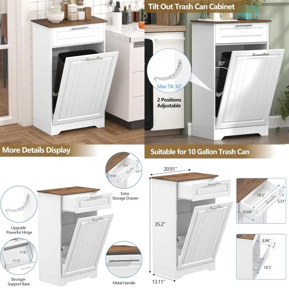 

Kitchen Wooden Tilt-Out Trash Can Cabinet with Storage Drawer and Hidden Laundry Hamper for Organizational Space