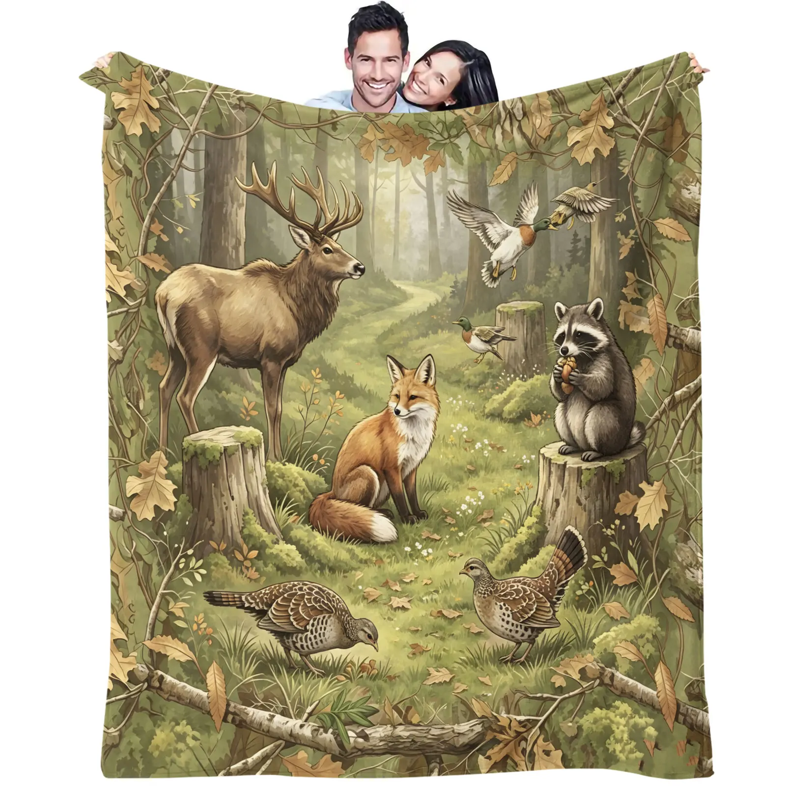 Green Forest Wildlife Blanket Elk Red Fox Raccoon Duck Woodland Flannel Throw Blanket Outdoor Nature Decor Perfect Gift Blanket