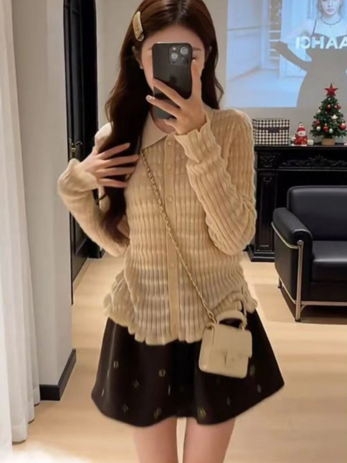 

Slimming Knitted Cardigan And High Waist Skirt Set for Women Spring Faion Casual Sle Long Sve High Collar plus Size