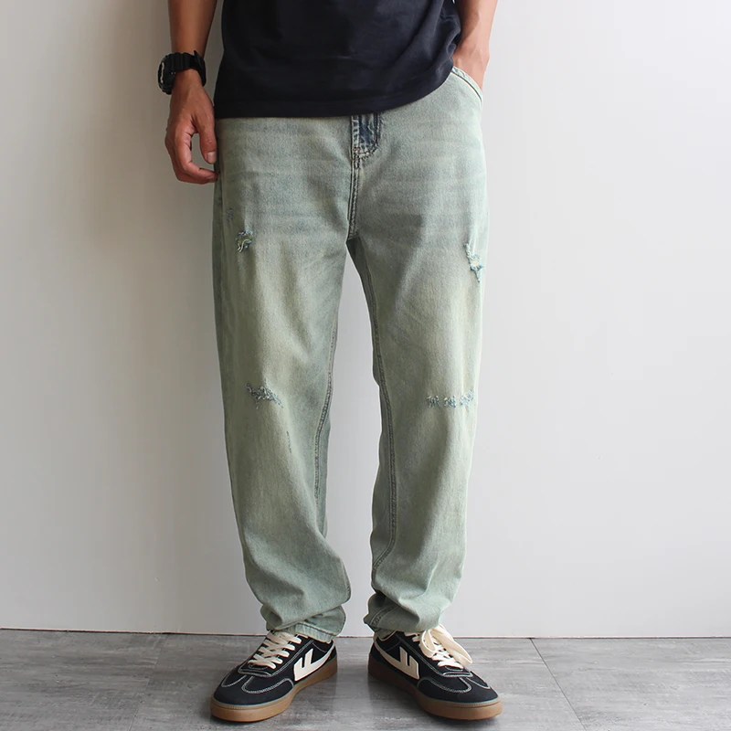 

Spring/Fall Light Wash Men's Jeans Vintage Soft Stonewashed Large Size Trendy Straight-Leg Casual Ripped Denim Pants