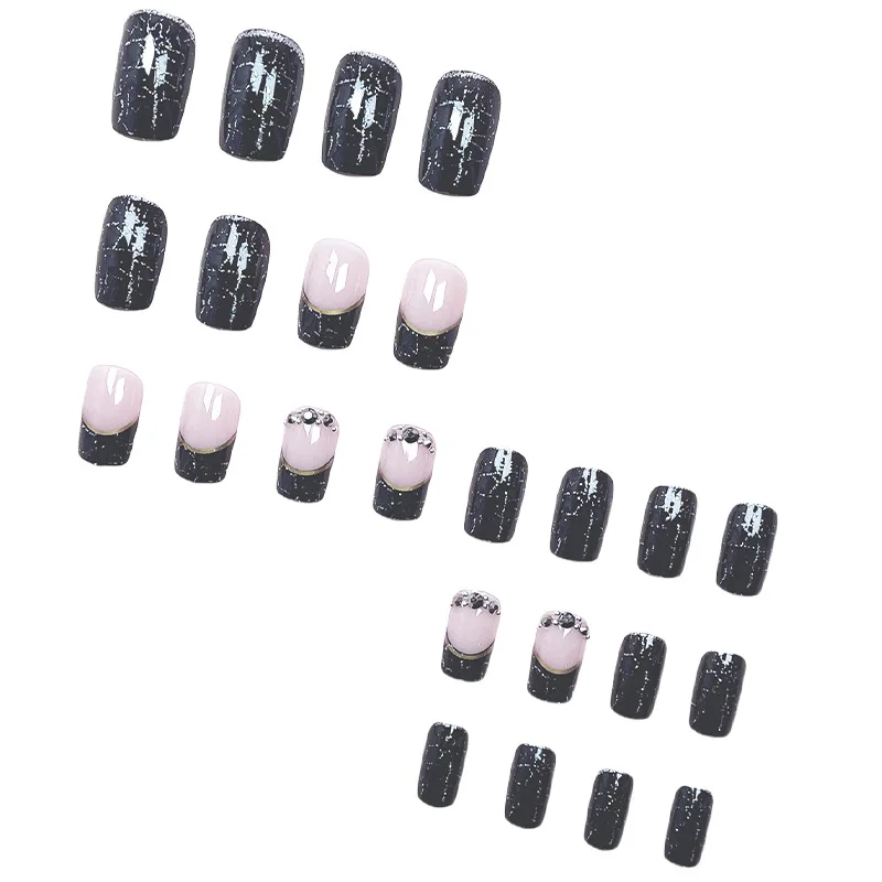24Pcs Fake Nail Minimalist Everyday Black French Crackle Design with Glitter and Rhinestones Perfect Gift for Women and Friends