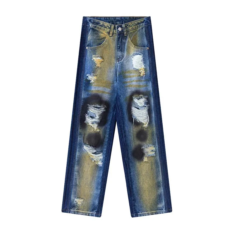 

High Street Holes Spray Painted Graffiti Washed Ripped Jeans Worn Slim Fit Denim Pants Men's Vintage Distressed Destroyed Jeans