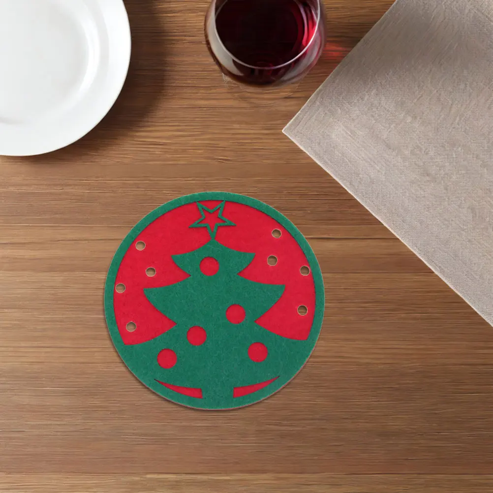 

12pcs Christmas Tree Felt Coasters Round Heat Insulation Table Protectors Non-Slip Waterproof Beverage Cup Mats Xmas Party