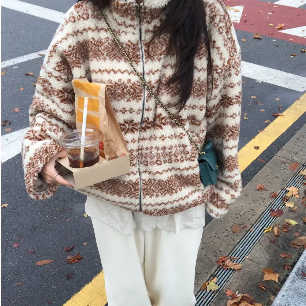 Jaet de piel de cordero Retro elegante para mujer, ropa de abrigo cálida holgada con cremallera, estilo coreano, corte Regular, para escuela y calle, Otoño e Invierno