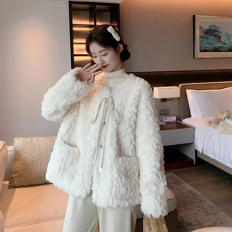 Jaqueta de colheita de pele sintética de cordeiro feminina coreano doce rendas até casaco de pelúcia formal senhoras inverno grosso quente manga longa outerwear novo