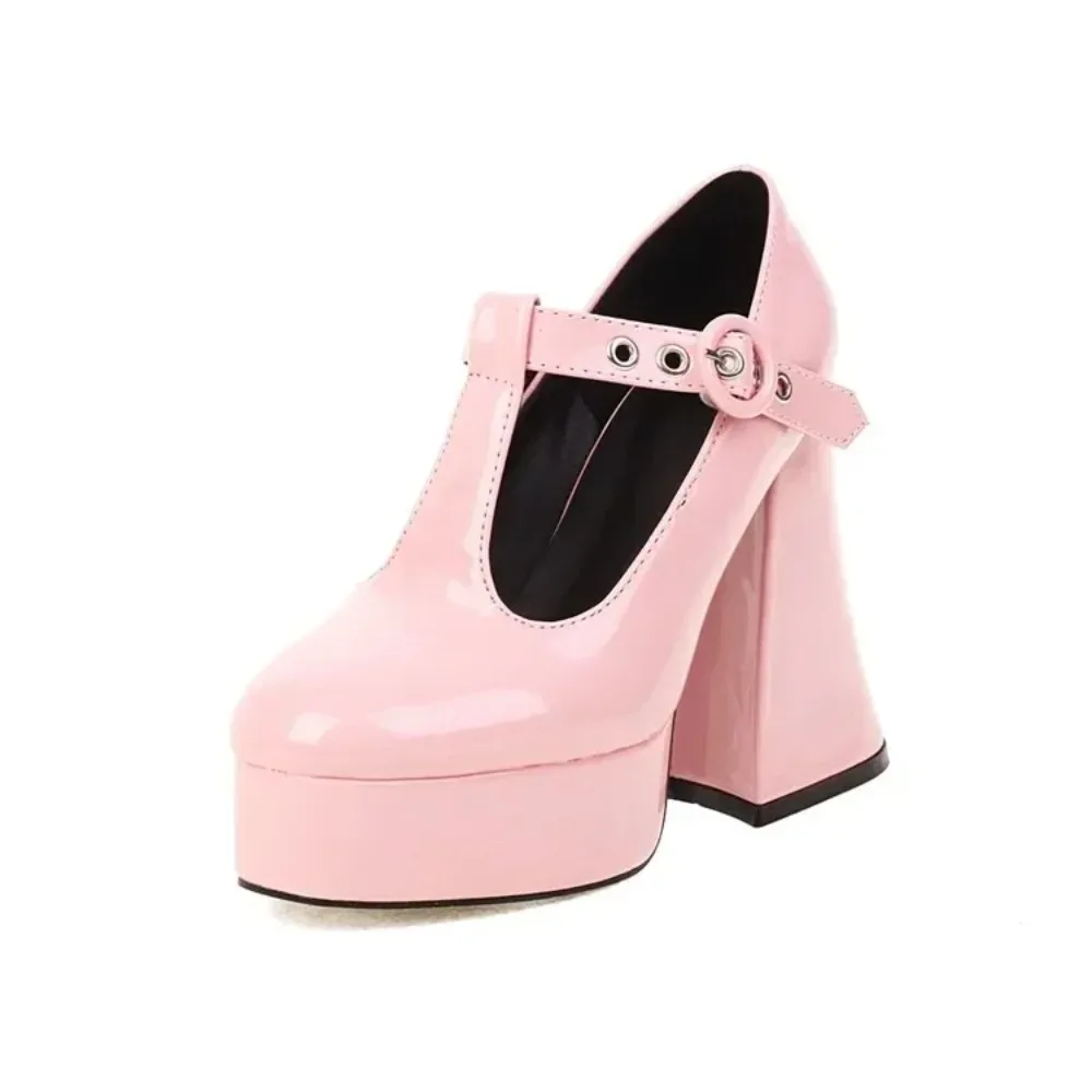 

Spring Autumn Fashion Round Head High-heeled Women's Shoes T-shaped Buckle Waterproof Thick Heel Women Shoes High 12cm