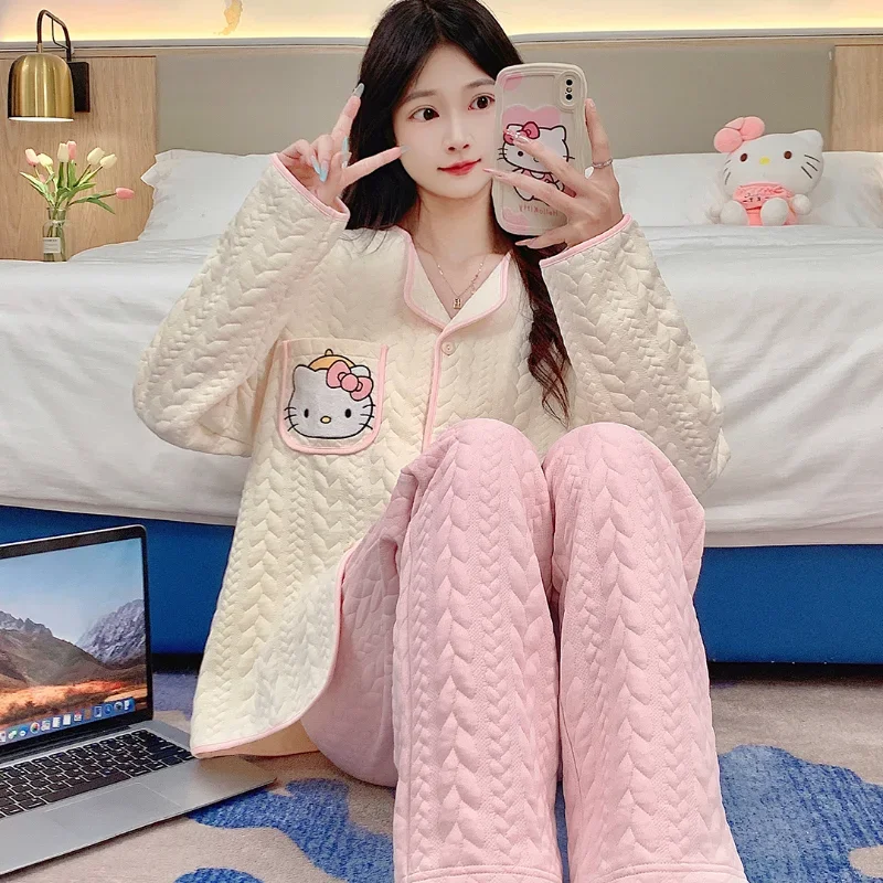 

Hello Kitty Winter Cotton Women's Pajamas Cartoon Casual Loose Cardigan V-Neck Sanrio Silk Pajamas Women's Loungewear Set